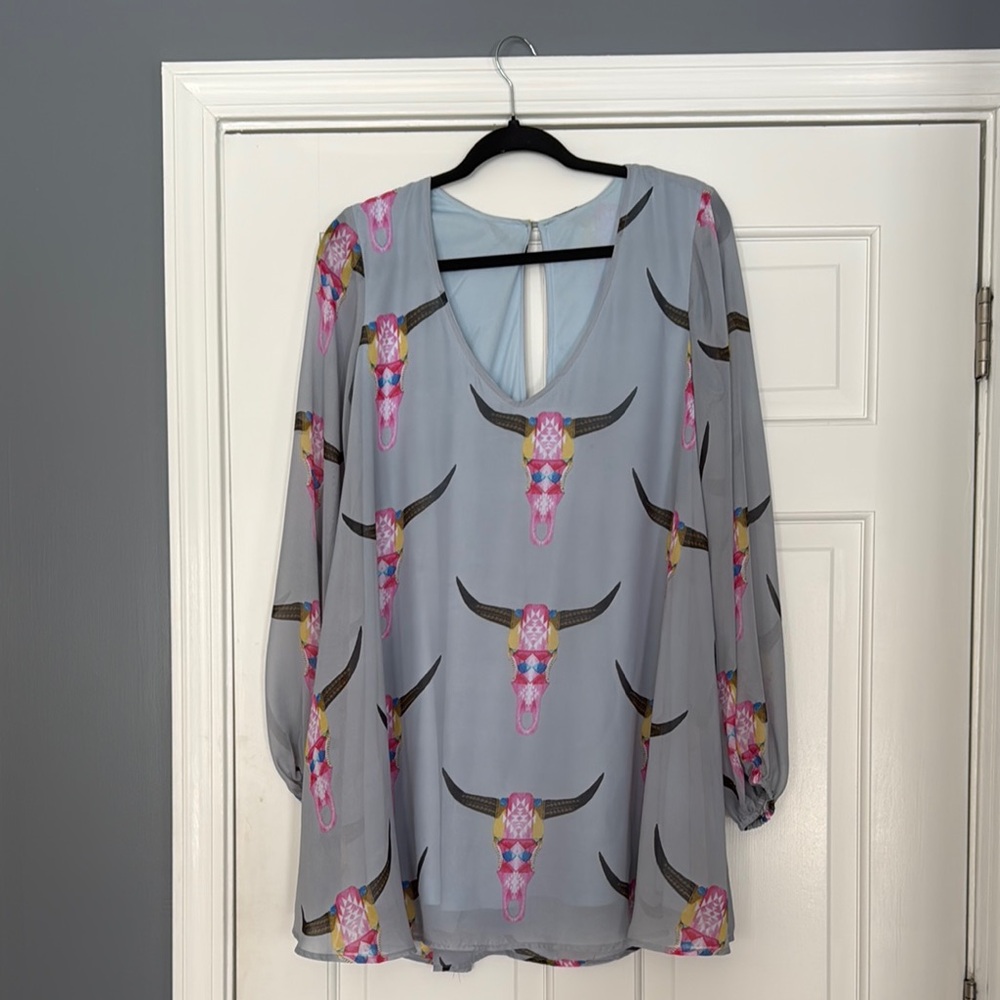 Show Me Your MuMu Women's Light Blue Tunic/Dress with Bull Skull Print